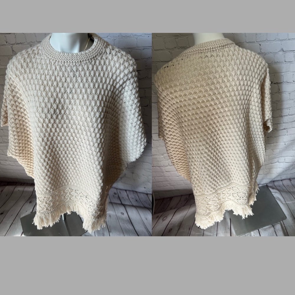 WOOL BLEND  PONCHO WITH FRINGE TRIM